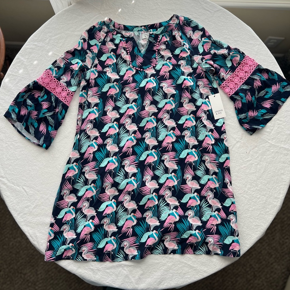 NWT Crown and Ivy girls tropical pink flamingo dress size 12
